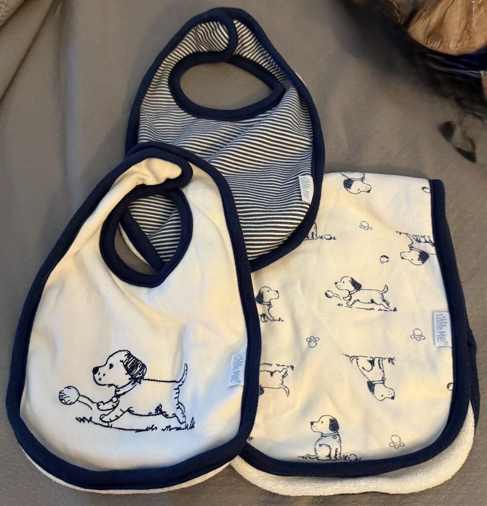 Little Me Puppy Toile Baby Bibs & Burp Cloth 3-Piece Set, Navy Blue & White Dog